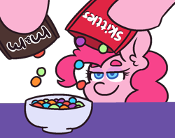 Size: 884x700 | Tagged: safe, artist:threetwotwo32232, character:pinkie pie, species:earth pony, species:pony, newbie artist training grounds, candy, cartoon physics, chocolate, female, food, m&m's, mare, pure unfiltered evil, simple background, skittles, solo, transparent background