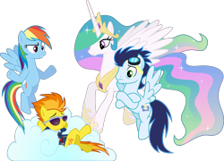 Size: 4257x3061 | Tagged: safe, artist:90sigma, artist:chainchomp2 edit, artist:nikkikitty44, artist:slb94, edit, editor:slayerbvc, character:princess celestia, character:rainbow dash, character:soarin', character:spitfire, species:alicorn, species:pegasus, species:pony, clothing, cloud, crossed legs, crown, female, goggles, hoof shoes, hooves behind head, jewelry, male, mare, peytral, regalia, relaxing, simple background, sleeping, stallion, sunglasses, transparent background, uniform, vector, vector edit, wonderbolts dress uniform, wonderbolts uniform