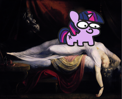 Size: 1280x1037 | Tagged: safe, artist:threetwotwo32232, character:twilight sparkle, species:human, species:pony, henry fuseli, horse, nightmare, painting, painting edit, the nightmare, twiggie, woonoggles