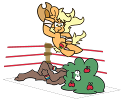 Size: 1500x1200 | Tagged: safe, artist:threetwotwo32232, character:applejack, species:earth pony, species:pony, apple, apple tree, female, mare, simple background, sports, transparent background, tree, wrestling
