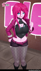 Size: 688x1175 | Tagged: safe, artist:clouddg, character:pinkamena diane pie, character:pinkie pie, my little pony:equestria girls, belly button, belt, big breasts, boots, breasts, busty pinkie pie, choker, cleavage, clothing, erect nipples, female, fishnets, jacket, latex, leather jacket, looking at you, midriff, nipple outline, open mouth, shoes, shorts, solo, spiked choker