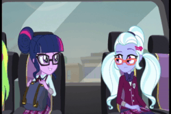 Size: 720x480 | Tagged: safe, artist:wubcakeva, character:lemon zest, character:sugarcoat, character:twilight sparkle, character:twilight sparkle (scitwi), species:eqg human, equestria girls:friendship games, g4, my little pony: equestria girls, my little pony:equestria girls, animated, clothing, crystal prep academy uniform, duo focus, egon spengler, female, ghostbusters, glasses, offscreen character, pigtails, reference, school uniform, twintails, webm