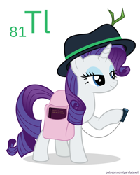 Size: 6400x8000 | Tagged: safe, artist:parclytaxel, character:rarity, species:pony, species:unicorn, series:joycall6's periodic table, .svg available, absurd resolution, agatha christie, bag, book, chemistry, clothing, dexterous hooves, fedora, female, hat, hoof hold, lidded eyes, mare, periodic table, pun, saddle bag, scintillator, simple background, solo, thallium, twig, vector, visual gag, white background