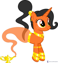 Size: 4000x4370 | Tagged: safe, artist:parclytaxel, patreon reward, oc, oc only, oc:amani, species:pony, species:unicorn, .svg available, absurd resolution, armband, bracelet, collar, ear piercing, earring, female, floating, genie, genie pony, gold, jewelry, lamp, magic lamp, mare, patreon, piercing, ponytail, simple background, smiling, solo, transparent background, vector, waistband