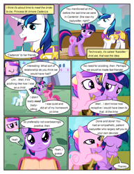 Size: 612x792 | Tagged: safe, artist:newbiespud, edit, edited screencap, screencap, character:princess cadance, character:shining armor, character:twilight sparkle, character:twilight sparkle (unicorn), species:pony, species:unicorn, comic:friendship is dragons, episode:a canterlot wedding, g4, my little pony: friendship is magic, armor, book, comic, dialogue, eyes closed, female, female pov, filly, filly twilight sparkle, glowing horn, horn, looking up, magic, male, mare, offscreen character, pov, screencap comic, sitting, stallion, swing, telekinesis, younger