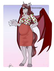 Size: 2865x3730 | Tagged: safe, artist:jc_bbqueen, oc, oc only, oc:scarlet quill, species:anthro, species:bat pony, species:unguligrade anthro, anthro oc, bat pony oc, bat wings, belly, big belly, clothing, commission, digital art, ear twitch, fangs, female, gradient background, internal screaming, key, pregnant, simple background, solo, wings
