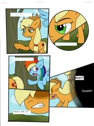 Size: 1628x2176 | Tagged: safe, artist:cmara, character:applejack, character:rainbow dash, species:earth pony, species:pegasus, species:pony, comic:i'm busy, applejack's hat, clothing, cowboy hat, digital art, duo, female, flying, hat, mare, paint tool sai, simple background, tree, white background