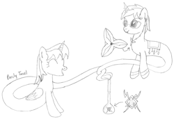 Size: 1980x1356 | Tagged: safe, artist:parclytaxel, patreon reward, oc, oc only, oc:nova spark, oc:parcly taxel, species:alicorn, species:pony, species:unicorn, series:nightliner, ain't never had friends like us, albumin flask, alicorn oc, armband, bottle, female, floating, genie, genie pony, geniefied, horn, horn ring, jewelry, lineart, mare, monochrome, necklace, patreon, pencil drawing, saddle, smiling, tack, traditional art, wings