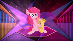 Size: 3840x2160 | Tagged: safe, artist:cyanlightning, artist:laszlvfx, edit, character:pinkie pie, species:earth pony, species:pony, cute, diapinkes, female, musical instrument, saxophone, solo, wallpaper, wallpaper edit