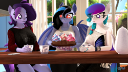 Size: 1920x1080 | Tagged: safe, artist:anthroponiessfm, oc, oc:aurora starling, oc:midnight grave, oc:raven storm, species:anthro, species:bat pony, species:earth pony, species:pony, 3d, anthro oc, bat pony oc, bat wings, clothing, cup, cupcake, cute, female, food, glasses, grin, shirt, sleeveless, sleeveless shirt, smiling, source filmmaker, suprised look, tail, tea, teacup, teapot, wings