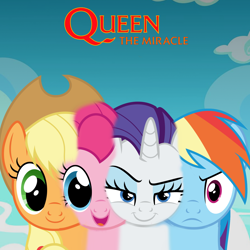 Size: 2000x2000 | Tagged: safe, artist:dashiesparkle, artist:grapefruitface1, character:applejack, character:pinkie pie, character:rainbow dash, character:rarity, album cover, conjoined, ponified, ponified album cover, queen (band)