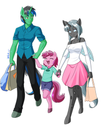 Size: 3600x4500 | Tagged: safe, artist:danmakuman, character:queen chrysalis, character:ruby pinch, oc, oc only, oc:greg green, species:anthro, clothing, commission, eyes closed, family, pants, shorts, simple background, skirt, smiling, transparent background, wholesome