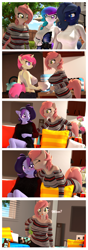 Size: 2112x5996 | Tagged: safe, artist:anthroponiessfm, oc, oc:atari, oc:aurora starling, oc:midnight music, oc:raven storm, oc:spicy flavor, species:anthro, species:earth pony, species:pony, species:unicorn, 3d, anthro oc, blep, blushing, booty shorts, clothing, comic, cute, denim shorts, female, glasses, heterochromia, licking, licking face, looking at each other, looking at you, mlem, shirt, shorts, silly, smiling, source filmmaker, sports bra, surprised, sweater, tongue out