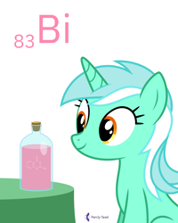 Size: 6400x8000 | Tagged: safe, artist:parclytaxel, character:lyra heartstrings, species:pony, species:unicorn, series:joycall6's periodic table, .svg available, absurd resolution, bismuth, bottle, chemistry, female, mare, pepto-bismol, periodic table, simple background, sitting, sitting lyra, smiling, solo, table, vector, white background