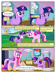 Size: 612x792 | Tagged: safe, artist:newbiespud, edit, edited screencap, screencap, character:princess cadance, character:queen chrysalis, character:rainbow dash, character:twilight sparkle, character:twilight sparkle (unicorn), species:alicorn, species:pegasus, species:pony, species:unicorn, comic:friendship is dragons, episode:a canterlot wedding, g4, my little pony: friendship is magic, comic, dialogue, eyes closed, female, filly, filly twilight sparkle, hoof shoes, jewelry, mare, open mouth, screencap comic, smiling, teen princess cadance, tiara, younger