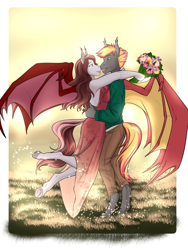 Size: 2865x3801 | Tagged: safe, artist:jc_bbqueen, oc, oc only, oc:savory zest, oc:scarlet quill, species:anthro, species:bat pony, species:pony, species:unguligrade anthro, anniversary, anthro oc, backless, backlighting, bat pony oc, bat wings, clothing, commission, couple, cute, cute little fangs, digital art, dress, ear fluff, embrace, fangs, female, flower, green eyes, husband and wife, male, mare, married, married couple, nose to nose, oc x oc, pants, red eyes, scarlory, shipping, slit eyes, smiling, straight, wings