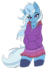 Size: 2560x3578 | Tagged: safe, artist:ambris, artist:cafecomponeis, edit, editor:calena, character:trixie, species:anthro, species:pony, species:unicorn, adorasexy, alternate hairstyle, breasts, cleavage, clothing, cute, diatrixes, ear fluff, female, hoodie, jewelry, lidded eyes, sapphire, sexy, short skirt, simple background, skirt, smiling, socks, solo, sweater, thigh highs, transparent background, wind, zettai ryouiki
