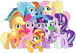 Size: 5610x3916 | Tagged: safe, artist:jhayarr23, artist:memnoch, artist:oyks, character:applejack, character:fluttershy, character:pinkie pie, character:rainbow dash, character:rarity, character:spike, character:starlight glimmer, character:sunset shimmer, character:trixie, character:twilight sparkle, character:twilight sparkle (alicorn), species:alicorn, species:dragon, species:earth pony, species:pegasus, species:pony, species:unicorn, female, group, male, mane eight, mare, simple background, transparent background, winged spike