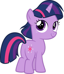 Size: 3000x3431 | Tagged: safe, artist:slb94, character:twilight sparkle, species:pony, species:unicorn, alternate hairstyle, female, filly, filly twilight sparkle, freckles, grin, looking back, simple background, smiling, solo, transparent background, vector, younger