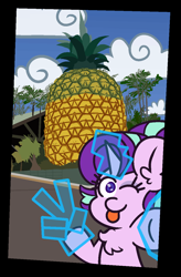 Size: 841x1279 | Tagged: safe, artist:threetwotwo32232, character:starlight glimmer, species:pony, species:unicorn, newbie artist training grounds, female, food, hand, magic, magic hands, mare, phone, photo, pineapple, the big pineapple
