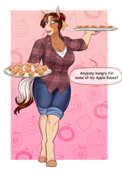 Size: 2865x4051 | Tagged: safe, artist:jc_bbqueen, oc, oc only, oc:honeycrisp meadow, species:anthro, species:earth pony, species:pony, species:unguligrade anthro, anthro oc, big breasts, breasts, cleavage, clothing, commission, desert, dialogue, digital art, earth pony oc, female, grandmother, hair bun, mare, plaid shirt, shirt, smiling, solo, speech bubble
