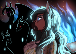 Size: 4051x2865 | Tagged: safe, artist:jc_bbqueen, oc, oc only, oc:lady lovegreen, species:anthro, species:pony, anthro oc, chest fluff, clothing, curved horn, digital art, fangs, female, fire, horn, mare, red eyes, silhouette, slit eyes, story in the source, torn ear
