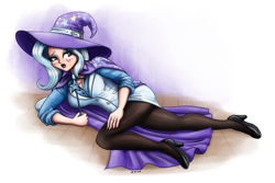 Size: 2400x1600 | Tagged: safe, artist:king-kakapo, character:trixie, species:human, blushing, breasts, busty trixie, cape, cleavage, clothing, female, hat, humanized, legs, open mouth, pantyhose, trixie's cape, trixie's hat, wand