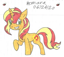 Size: 1020x905 | Tagged: safe, artist:cmara, character:sunset shimmer, species:pony, species:unicorn, cute, female, looking at you, mare, raised hoof, shimmerbetes, smiling, smiling at you, solo, traditional art