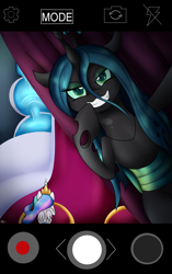 Size: 2200x3500 | Tagged: safe, artist:novaspark, character:princess celestia, character:queen chrysalis, species:changeling, artpack:no nom november, changeling queen, female, imminent vore, selfie