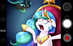 Size: 3500x2200 | Tagged: safe, artist:novaspark, character:princess celestia, character:queen chrysalis, species:changeling, artpack:no nom november, fangs, imminent vore, long tongue, photobomb, selfie, shocked, tongue out