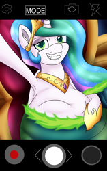 Size: 2200x3500 | Tagged: safe, artist:novaspark, character:princess celestia, character:queen chrysalis, artpack:no nom november, belly, big belly, bulges, disguise, disguised changeling, fangs, grin, post-vore, replaced, selfie, shapeshifting, smiling, smiling at you, transformation, victorious villain, vore