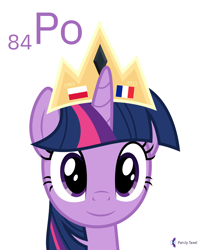 Size: 4000x5000 | Tagged: safe, artist:parclytaxel, character:twilight sparkle, character:twilight sparkle (alicorn), species:alicorn, species:pony, series:joycall6's periodic table, .svg available, absurd resolution, bust, chemistry, crown, female, flag, france, jewelry, looking at you, mare, marie curie, periodic table, pitchblende, poland, polonium, portrait, regalia, simple background, smiling, solo, vector, white background