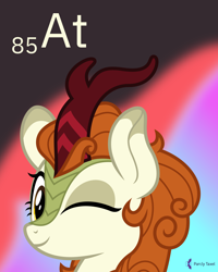 Size: 4000x5000 | Tagged: safe, artist:parclytaxel, character:autumn blaze, species:kirin, series:joycall6's periodic table, .svg available, absurd resolution, astatine, bust, chemistry, female, fire, looking at you, nirik, one eye closed, periodic table, portrait, solo, vector, wink
