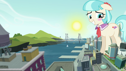 Size: 1280x720 | Tagged: safe, artist:dashiesparkle, character:coco pommel, species:earth pony, species:pony, architecture, attack on pony, blushing, bridge, building, city, cityscape, female, floppy ears, friendship express, giant pony, giant/macro earth pony, giant/mega coco pommel, giantess, grin, macro, manehattan, mare, mega giant, necktie, nervous, nervous grin, sky, smiling, solo, sun, water