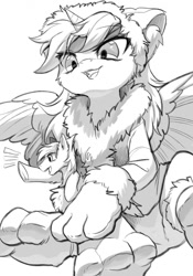 Size: 894x1280 | Tagged: safe, artist:swaybat, oc, oc only, oc:taikongjiyi, species:earth pony, species:pony, clothing, duo, female, giant pony, gloves, hybrid, macro, male, mare, monochrome, paws, size difference, sketch, stallion, wings