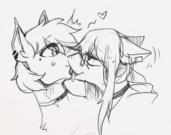 Size: 1280x1011 | Tagged: safe, artist:swaybat, species:pony, choker, clothing, ear piercing, earring, gay, heart, jewelry, licking, looking at each other, male, monochrome, piercing, sketch, stallion, tongue out