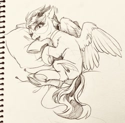 Size: 1280x1258 | Tagged: safe, artist:swaybat, oc, species:pegasus, species:pony, bed, choker, earbuds, female, looking at you, lying on bed, mare, monochrome, on bed, pillow, sketch, solo, traditional art, underhoof, wings