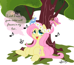 Size: 1000x877 | Tagged: safe, artist:arnachy, character:fluttershy, species:pony, animal, butterfly, dialogue, female, floral head wreath, flower, i wish i was a punk rocker, mane styling, music notes, relaxing, sandi thom, simple background, singing, sitting, solo, song, song reference, speech bubble, transparent background, tree, under the tree, wreath