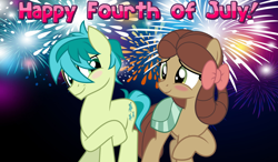 Size: 2064x1204 | Tagged: safe, artist:jhayarr23, edit, character:sandbar, character:yona, species:pony, ship:yonabar, episode:she's all yak, g4, my little pony: friendship is magic, 4th of july, blushing, couple, crossed hooves, cute, eye contact, female, fireworks, holiday, interspecies, looking at each other, magic, male, night, ponified, pony yona, raised hoof, sandabetes, shipping, species swap, straight, transformation, yonadorable
