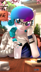 Size: 1080x1920 | Tagged: safe, artist:anthroponiessfm, oc, oc:aurora starling, species:anthro, species:earth pony, species:pony, 3d, adorable face, anthro oc, beautiful, blushing, braid, coffee, cute, dawwww, female, glasses, heterochromia, looking at you, ocbetes, smiling, solo, source filmmaker