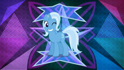 Size: 3840x2160 | Tagged: safe, artist:anime-equestria, artist:laszlvfx, edit, character:trixie, species:pony, female, one eye closed, solo, wallpaper, wallpaper edit, wink