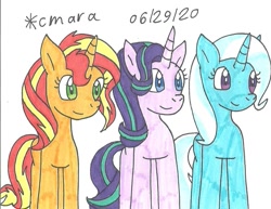 Size: 1053x811 | Tagged: safe, artist:cmara, character:starlight glimmer, character:sunset shimmer, character:trixie, species:pony, species:unicorn, cute, diatrixes, female, glimmerbetes, magical trio, mare, shimmerbetes, traditional art