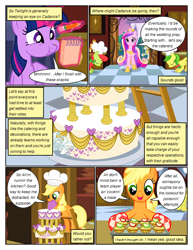 Size: 612x792 | Tagged: safe, artist:newbiespud, edit, edited screencap, screencap, character:applejack, character:queen chrysalis, character:twilight sparkle, character:twilight sparkle (unicorn), species:earth pony, species:pony, species:unicorn, comic:friendship is dragons, episode:a canterlot wedding, g4, my little pony: friendship is magic, bowing, cake, chef's hat, clothing, comic, dialogue, eyes closed, food, gloves, glowing horn, hat, hoof shoes, horn, indoors, jewelry, ladder, magic, male, notepad, pencil, peytral, puffy cheeks, royal guard, screencap comic, stallion, telekinesis, tiara, wedding cake