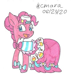 Size: 904x943 | Tagged: safe, artist:cmara, character:pinkie pie, species:earth pony, species:pony, clothing, cute, diapinkes, dress, female, hat, mare, ribbon, solo, traditional art
