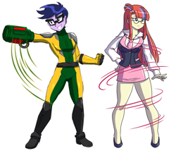 Size: 3289x2854 | Tagged: safe, artist:danmakuman, character:microchips, character:moondancer, my little pony:equestria girls, clothing, crack shipping, cute, equestria girls-ified, female, glasses, high heels, legs, male, megaman, megaman (character), miniskirt, moe, moonchips, shipping, shoes, simple background, skirt, skirt suit, straight, suit, white background
