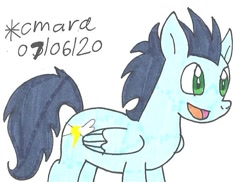 Size: 794x579 | Tagged: safe, artist:cmara, character:soarin', species:pegasus, species:pony, backwards cutie mark, happy, male, old cutie mark, open mouth, simple background, smiling, solo, stallion, traditional art, white background