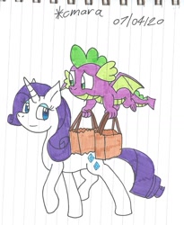 Size: 1058x1291 | Tagged: safe, artist:cmara, character:rarity, character:spike, species:dragon, species:pony, species:unicorn, bag, duo, female, lined paper, looking at each other, male, mare, paper bag, traditional art, winged spike