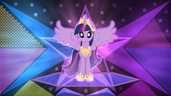 Size: 3840x2160 | Tagged: safe, artist:laszlvfx, artist:limedazzle, edit, character:twilight sparkle, character:twilight sparkle (alicorn), species:alicorn, species:pony, crown, female, hoof shoes, jewelry, looking at you, mare, peytral, regalia, smiling, solo, spread wings, wallpaper, wallpaper edit, wings