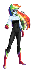 Size: 2043x4500 | Tagged: safe, artist:danmakuman, character:rainbow dash, my little pony:equestria girls, absurd resolution, adorasexy, bare shoulders, clothing, commission, cute, female, gloves, looking at you, sexy, sleeveless, smiling, solo, strapless, unitard