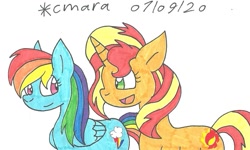 Size: 1169x700 | Tagged: safe, artist:cmara, character:rainbow dash, character:sunset shimmer, species:pegasus, species:pony, species:unicorn, duo, female, mare, open mouth, simple background, traditional art, white background